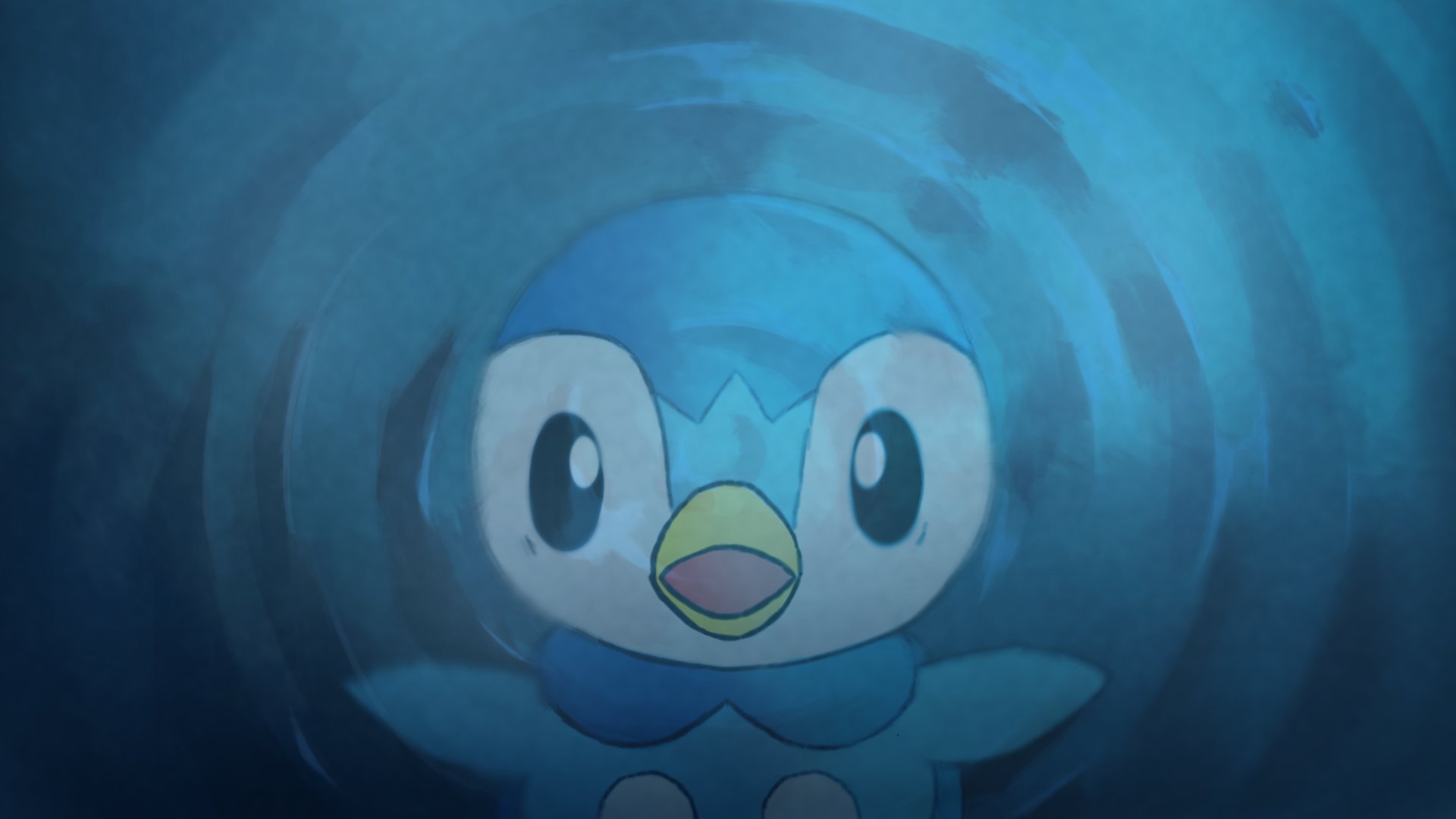 Reflection of a Piplup in water. Piplup is surprised.