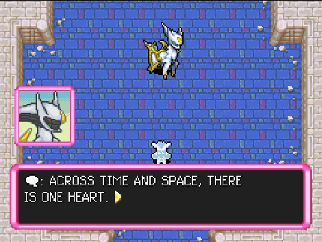 Arceus saying "ACROSS TIME AND SPACE, THERE IS ONE HEART.*