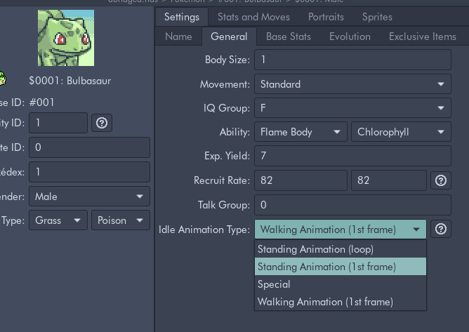 Screenshots of a pokemon edit page, with a selection menu to select the kind of idling animation